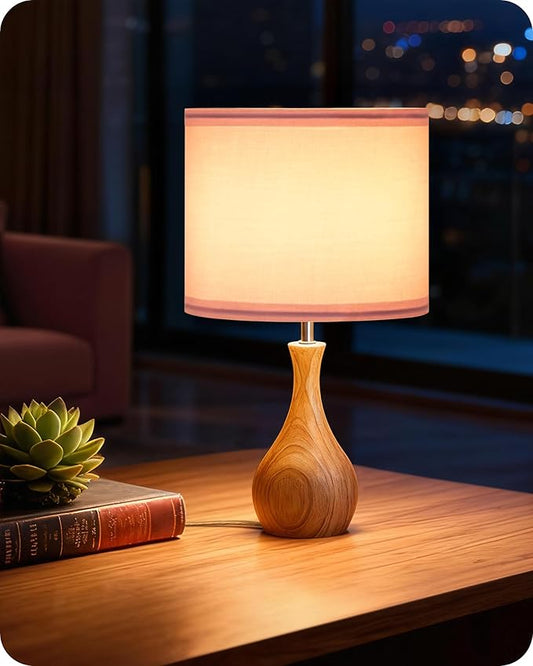 Small Table Lamp, 14.2" Cute Little Desk Lamp with Wood Bottle-Shaped Base & Pink Linen Lampshade, Bedside Lamp with Cable, E26 Base, Bulb Not Included, for Bedroom, Natural MP09TL05
