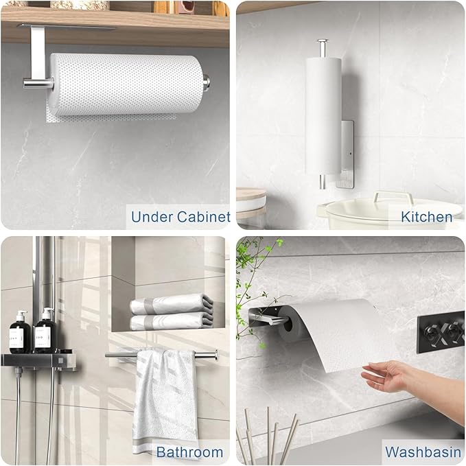 CUXIXA Paper Towel Holder Under Cabinet, Upgraded Adhesive Paper Towel Holder Wall Mount for Kitchen, Bathroom, RV, Bend-Resistant, Self-Adhesive or Drill mounting, Stainless Steel, Silver
