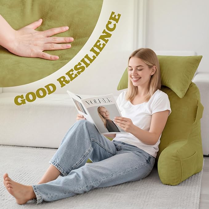 Unisakey Portable Reading Pillows with Headrest for Bed Sitting Up(Pale Green Oeko-Tex), Velvet Back Pillow with Arms & Pockets for Adults, Support Memory Foam Bed Pillow for Dorm/Watching/Gaming