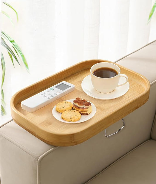 Sofa Arm Tray Table, Bamboo Couch Armrest Tray Clip-On with Adjustable Width Support Leg, Non-Slip Silicone Pads & Scratch Protection, Couch Side Table for Drinks, Snacks, Remote
