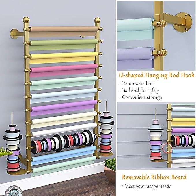 Wall Mounted Wrapping Paper Stand, Multi-Tier Metal Ribbon Rack, Fabrics Display Holder for Clothing Store, Removable Ribbon Board(Rod 120cm/47.2in)