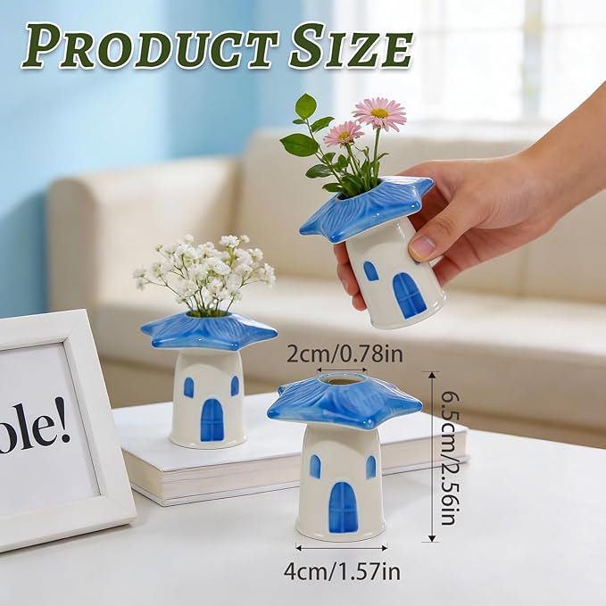 MOUGIGI Cute Blue House Ceramic Bud Vase Set of 3 - Handmade Miniature Vase with Star Roof for Dried Flowers, Chic Japandi Style Decor for Entryway, Dining,Coffee Table - Ideal Small Gift for Home