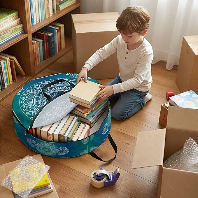 Storage Bag Teal Blue Boho Round Storage Totes Bins Closet Organizers with Zippers & Handle Gorgeous Bohemian Flower Clothes Storage Container for Bedroom Dorm Space Saving Packing Supplies Bags