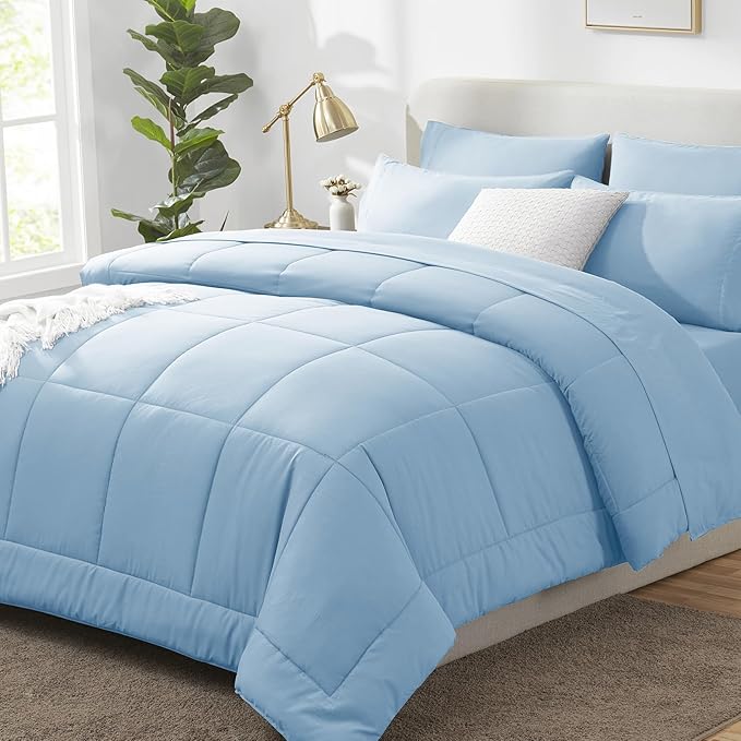 CozyLux Full Size Comforter Set Baby Blue, 7 Pieces Bed in a Bag, Blue Comforter Full Size, All Season Bedding Sets with Stitch Quilted Comforter, Flat Sheet, Fitted Sheet, Pillowcases