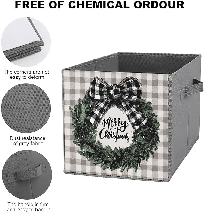 Christmas Wreath Black White Checkered Bow Cube Storage Bins Storage Cubes Foldable Decorative Fabric Storage Baskets Home Organizers with Handles for Shelves,Closet, 10.6 X 10.6 Inch