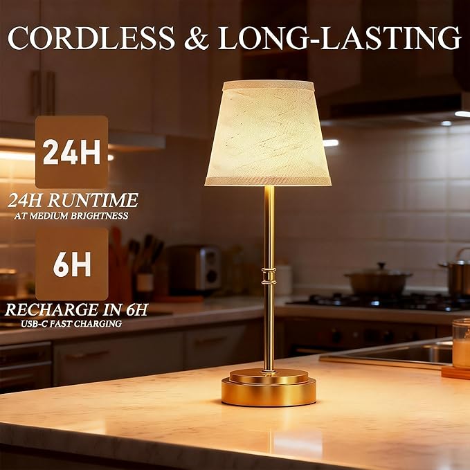 Cordless Table Lamp - 7500mAh Longest Lasting Battery Operated Lamp, 1 Pack Antique Brass Aesthetic Cozy Rechargeable Desk Lamp for Kitchen Counter, Dining Room & Restaurant Centerpiece