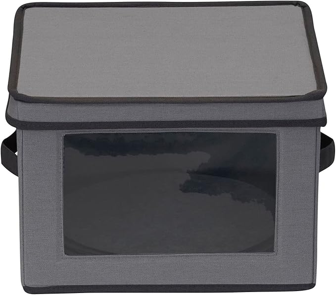 Household Essentials Dinner Plate Storage Box, Strong Frame and Handles, Windowed Panel, Fully Removable Lid, Stackable and Foldable, Perfect for Preserving Your Dinnerware, Gray