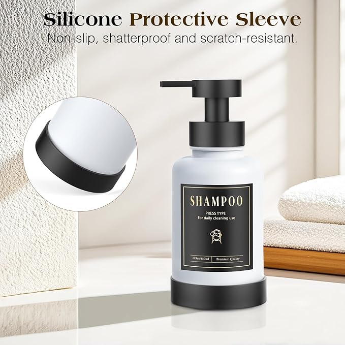 Luxspire Foaming Soap Dispenser, Glass Foam Pump Soap Dispenser, Non-Slip Hand Soap Bottle with 5 Waterproof Labels, 15 Oz Refillable Liquid Soap Bottle for Bathroom & Kitchen, Black+White, 2 Pack