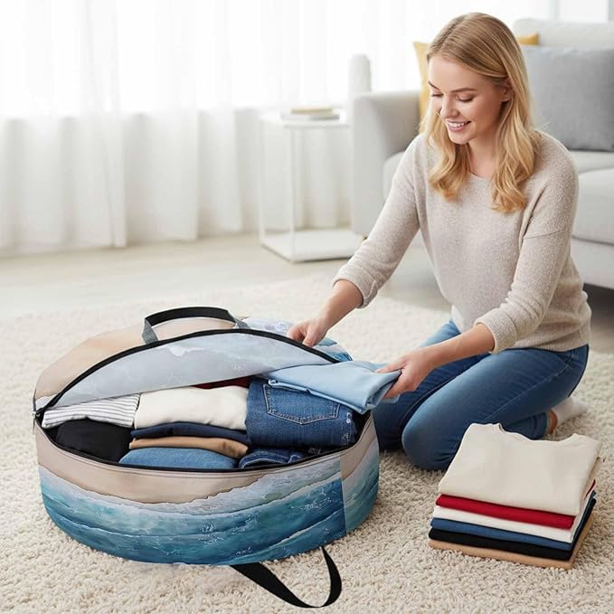 Abstract Waves Round Storage Bag 24 Inch, Blue White Ocean Spray Seaside Watercolor Clothes Storage Container with Handles Heavy Duty Organizer for Comforter, Bedding & Holiday Wreaths