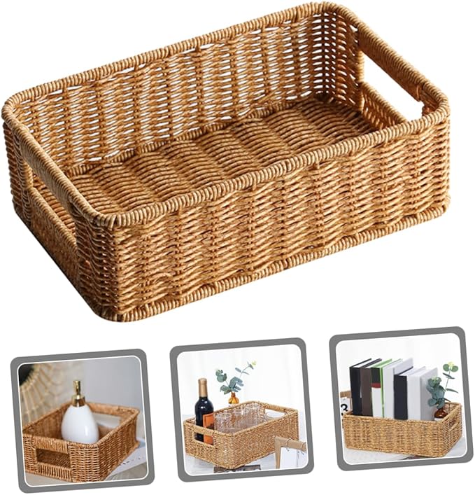 Rattan Storage Basket Wicker Tray Cutlery Basket Small Round Basket Coffee Condiment Holder Hanging Baskets for Storage Large Utensil Drawer Organizer Hamper Sundries Container Pp
