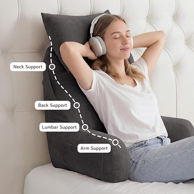 Unisakey Portable Reading Pillows with Headrest for Bed Sitting Up(Light Grey Oeko-Tex), Velvet Back Pillow with Arms & Pockets for Adults, Support Memory Foam Bed Pillow for Dorm/Watching/Gaming