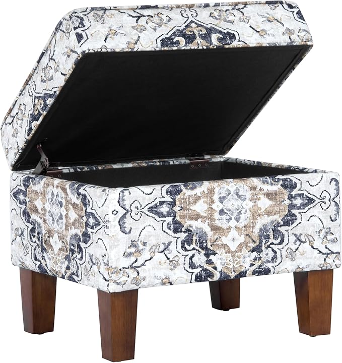 Homepop Home Decor |K7646-A862 | Upholstered Modern Rectangular Storage Ottoman | Hinged Lid Ottoman with Storage for Living Room & Bedroom, Antiqued Ebony Cream