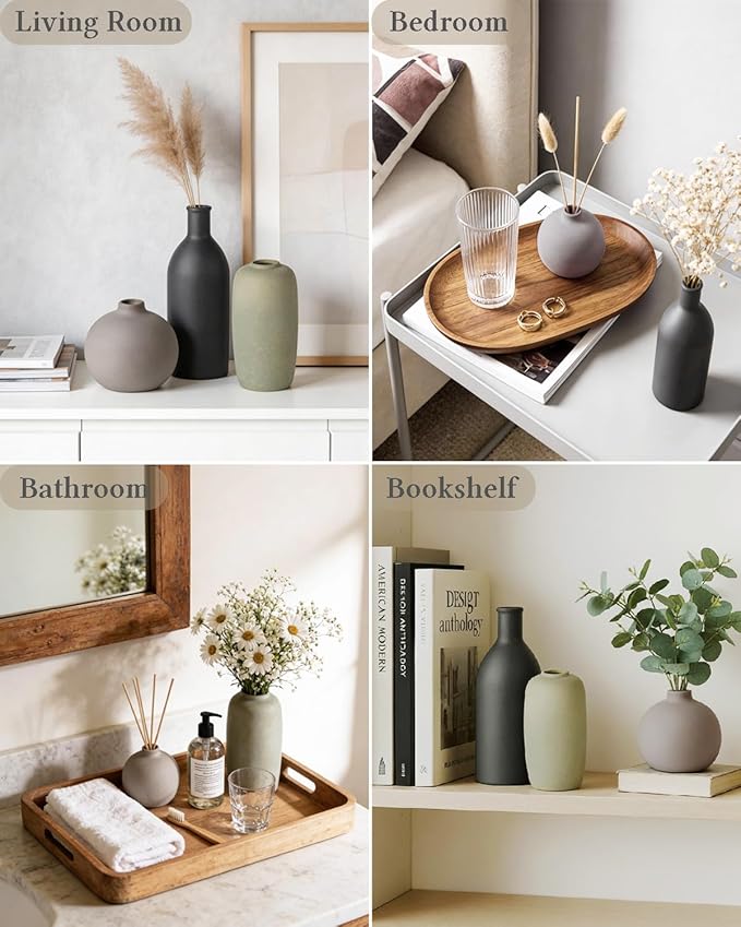 Ceramic Modern Vase Set of 3, Neutral Small Pottery Vases for Home Decor, Rustic Farmhouse Decor for Pampas Grass Dried Fresh Flowers, Decorative Vases for Living Room, Bathroom, Bookshelf, Entryway
