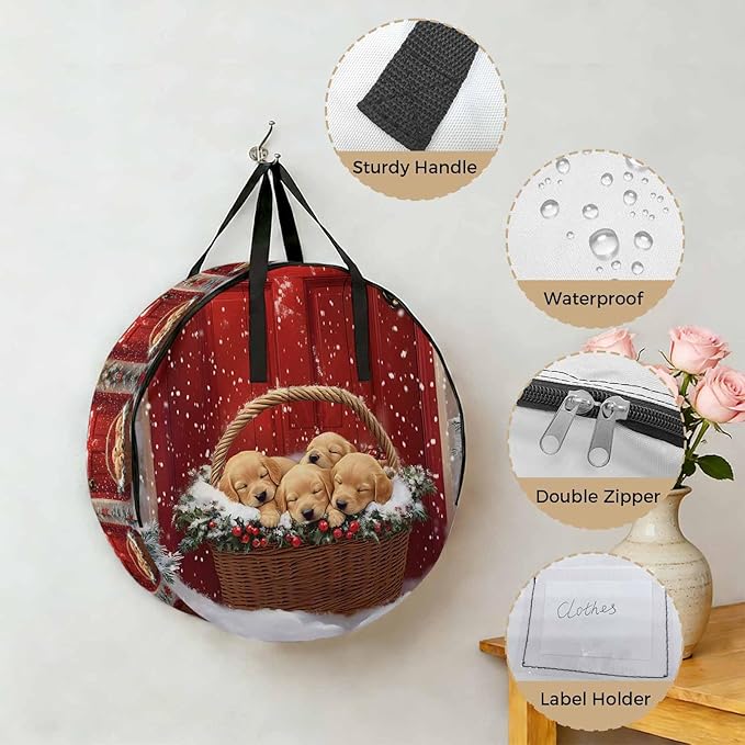 Winter Christmas Round Storage Bag 36 Inch, Golden Retriever Basket Red Front Door Clothes Storage Container with Handles Heavy Duty Organizer for Comforter, Bedding & Holiday Wreaths