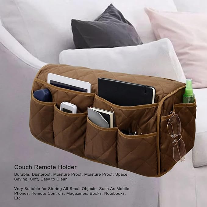 Armchair Caddy, Sofa Armrest Organize for Couch Remote Control Holder Recliner Armrest Organizer Sofa Arm Chair Caddie with Storage(Coffee)