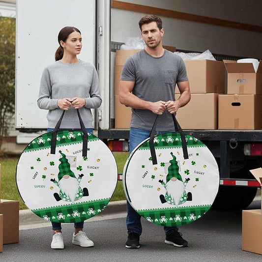 30 Inch Round Storage Bag 2 Pack,St. Patrick's Day Dwarf and Gold Coin Waterproof Wreath Storage Container with Handles&Zipper Clover Buffalo Checker Closet Organizer Bags Garland Box