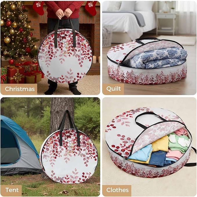 Storage Bag Red Eucalyptus Leaves Round Storage Totes Bins Closet Organizers with Zippers & Handle Berry Branch Nature Plant Clothes Storage Container for Bedroom Dorm Space Saving Packing Supplies