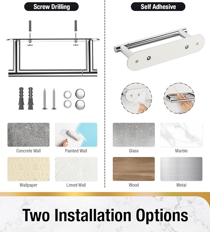 HITSLAM Chrome Toilet Paper Holder, SUS304 Stainless Steel Bathroom Toilet Paper Roll Holder Wall Mounted and Self Adhesive, No Drill Tissue Holder Use for Washroom and Kitchen