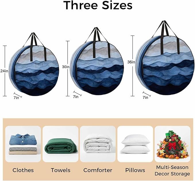 Abstract Art Ocean Round Storage Bag 24 Inch, Gradient Blue Impressionist Style Clothes Storage Container with Handles Heavy Duty Organizer for Comforter, Bedding & Holiday Wreaths