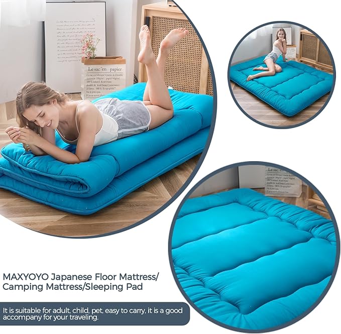 MAXYOYO Japanese Floor Mattress Futon Mattress, Thicken Tatami Mat Sleeping Pad Foldable Roll Up Mattress Boys Girls Dormitory Mattress Pad Kids Floor Lounger Couches and Sofas, Turquoise, King