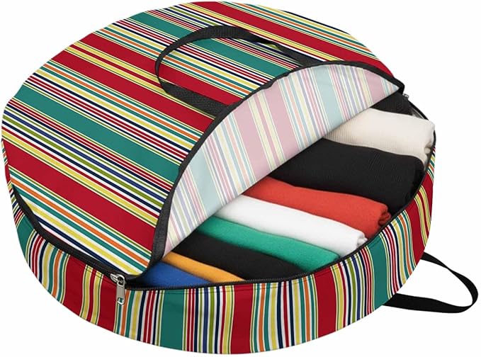 Storage Bag Red Striped Round Storage Totes Bins Closet Organizers with Zippers & Handle Geometric Green Yellow Stripes Clothes Storage Container for Bedroom Dorm Space Saving Packing Supplies Bags