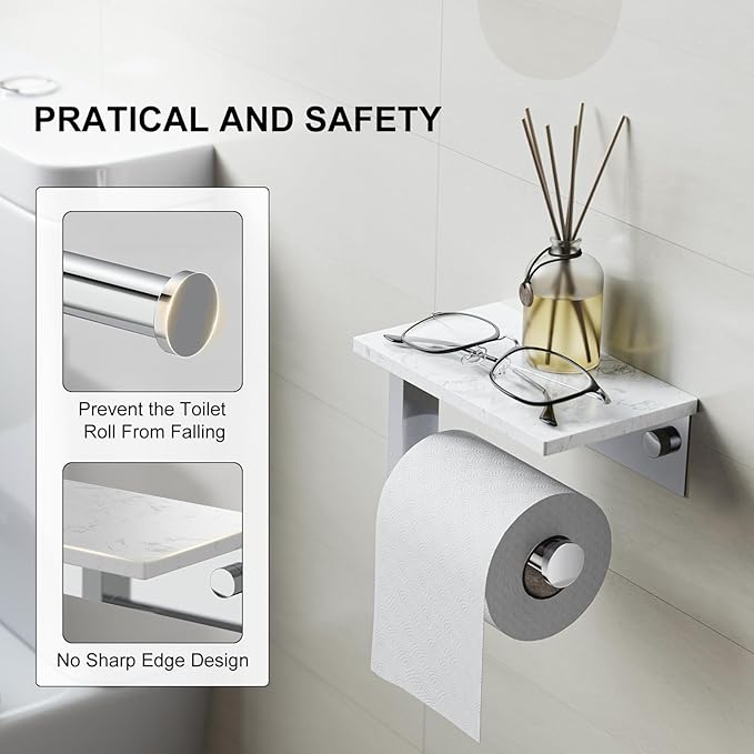 Toilet Paper Holder with Marble Shelf, 304 Stainless Steel Tissue Hand Holder Wall Mounted Toilet Paper Roll Hold with Phone Shelf for Bathroom Kitchen Washroom Bedroom, Chrome