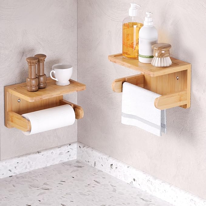 VERTORGAN 2 Pack Toilet Paper Holder with Phone Shelf,Bamboo Wall Mounted Tissue Roll Holder for Bathroom(Natural)