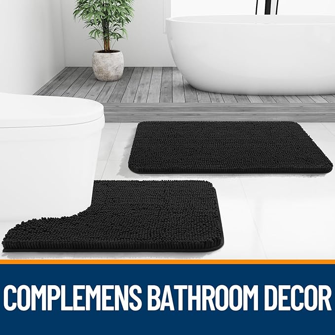 OLANLY Large Bathroom Rugs 50x30, Extra Soft Absorbent Chenille Bath Rugs, Rubber Backing Quick Dry, Machine Washable Bath Mats for Bathroom Floor, Tub and Shower, Home Decor Accessories, Black