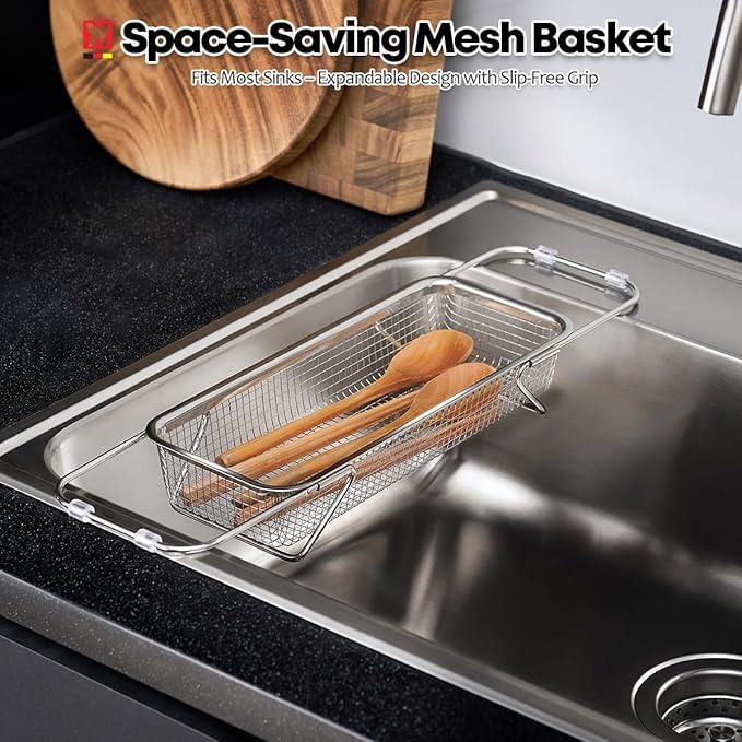 WAGENSTEIGER Extendable Dish Rack with Feet, Vegetable Colander Basket, Stainless Steel Dish or Silverware Drying Rack, Ultimate Kitchen Organizer Over the Sink (12.40 x 5.12 x 2.36 Inches)