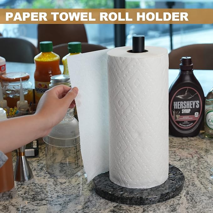 Koville Luxury Norway Granite Paper Towel Holder Countertop, Metal Rod 8" Marble Base Paper Towel Holder Stand for Kitchen Organization and Storage, Fit for Standard or Jumbo-Sized Rolls(Blue Pearl)