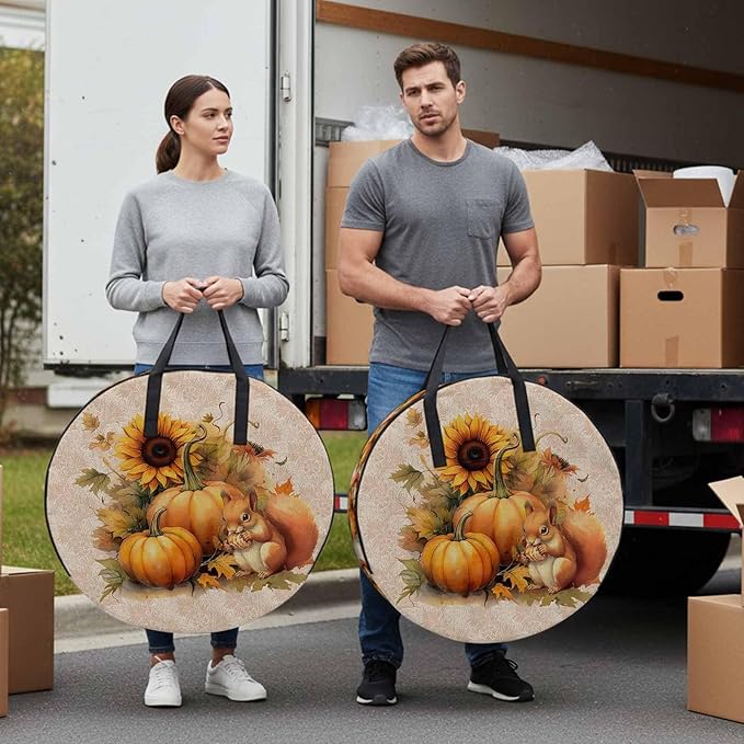 Thanksgiving Sunflowers Round Storage Bag 30 Inch, and Pumpkin with Squirrel Beige Clothes Storage Container with Handles Heavy Duty Organizer for Comforter, Bedding & Holiday Wreaths