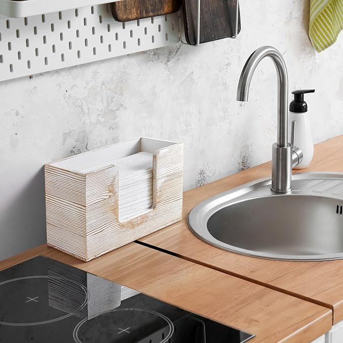 Paper Towel Dispenser Countertop, White Washed Wood Bathroom Paper Towel Holder, Napkin Holder for Kitchen, Countertop Multifold C-Fold, Z-Fold, Trifold Paper Hand Towel Dispenser for Toilet