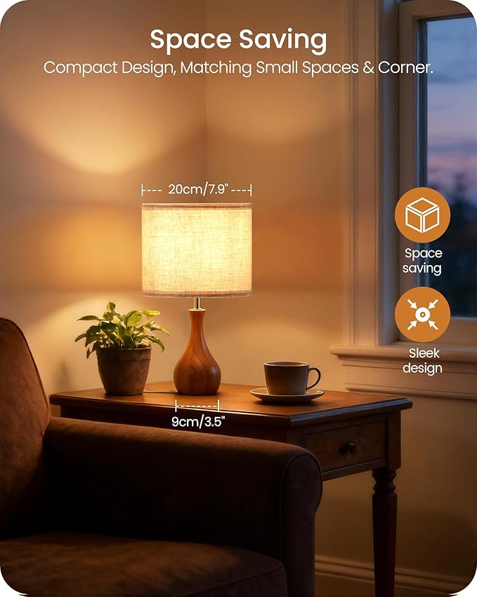 Wood Table Lamps Set of 2, Small Bedside Lamps Set of 2, Beige Linen Lampshade & Dark Pearwood Base, 14.2" Small Table Lamp, Nightstand Lamps for Bedroom, Small Space, E26 Socket, LE09TLP205