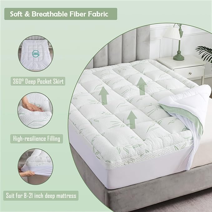 WhatsBedding Full Mattress Topper, Soft Pillow Top Mattress Topper with Deep Pocket Fits 8–21 Inch,7D Spiral Fiber Filling, Bamboo Viscose Air Layer Mattress Topper Full.