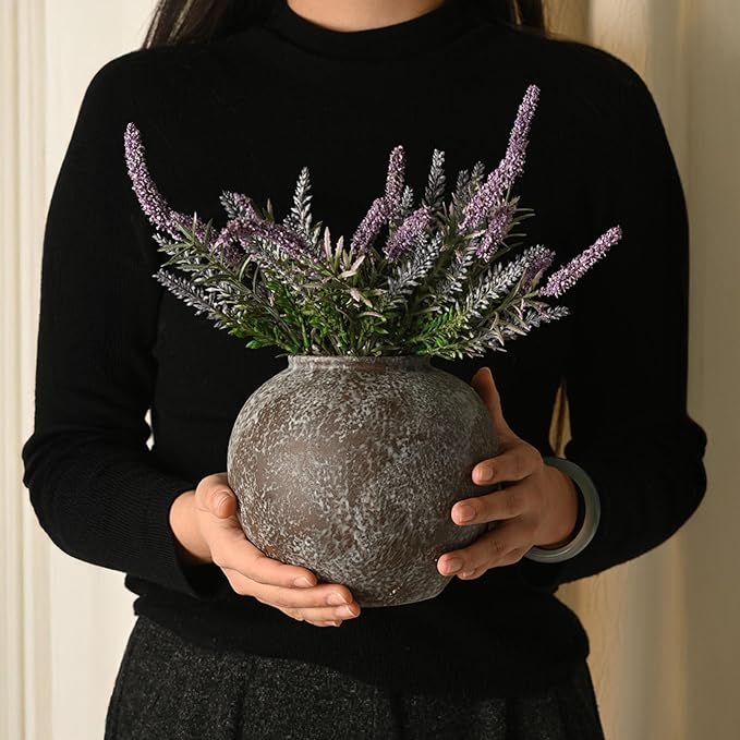 Rustic Black Stone Vase Home Decor - 6 in Ceramic Vintage Farmhouse Vases for Decor, Decorative Terracotta Round Clay vase for Living Room, Table, Shelf, Kichen Décor