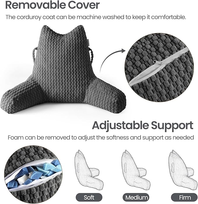 Reading Pillow for Bed Sitting Up, Backrest Pillow with Shredded Memory Foam Filling, Back Support Cushion, Bed Rest Pillow with Arms, Pockets and Washable Cover-Grey