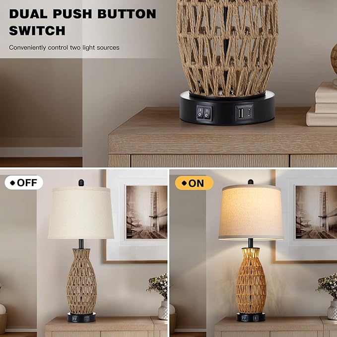 CINSARY 27" Rattan Table Lamps Set of 2 with Night Light, Boho Wicker Bedside Lamp for Bedroom with USB A+C Ports, Coastal Handwoven Woven Nightstand Lamps, Nautical Living Room Lamp for End Table