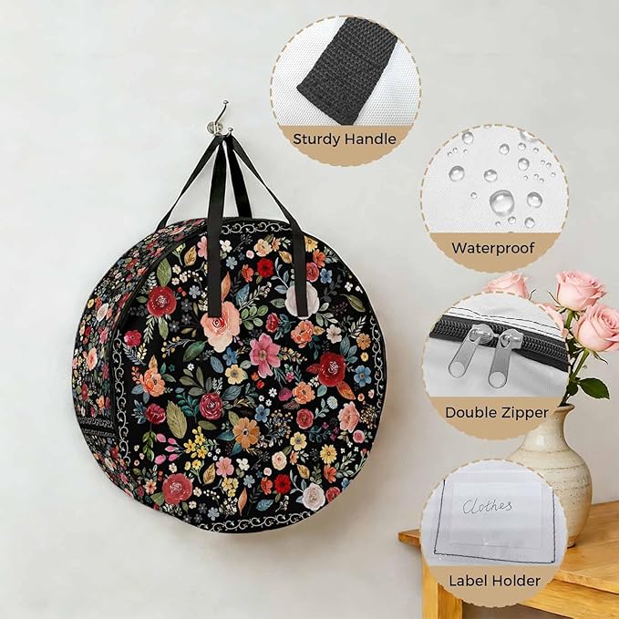 Storage Bag Black Floral Round Storage Totes Bins Closet Organizers with Zippers & Handle Farmhouse Vintage Flower Clothes Storage Container for Bedroom Dorm Space Saving Packing Supplies Moving Bags