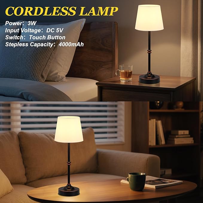 Kakanuo Rechargeable Cordless Table Lamp Bronze - 2 Pack 4000mAh Battery Operated Lamp, Touch Control Stepless Dimming, for Home Decor, Dining Table, Living Room, Bedroom