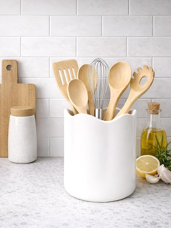 Ceramic Utensil Holder for Kitchen Counter, 7.1" Large Kitchen Utensil Holder for Countertop with Cork Bottom, Cooking Tool Organizer for Spatula, Matte White