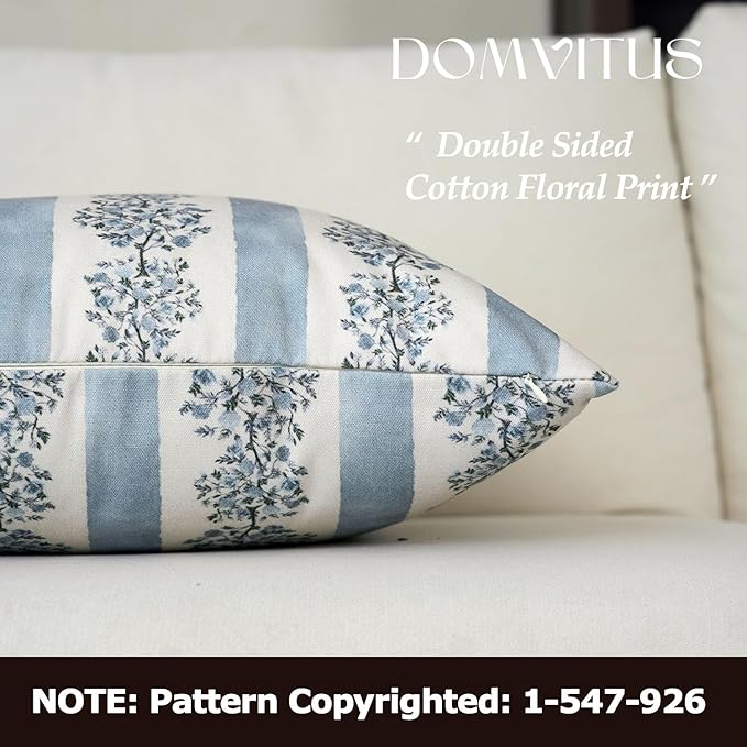 DOMVITUS Floral Throw Pillow Covers 20x20 Inch Set of 2, Block Print Decorative Pillow Covers Vintage Striped Neutral Farmhouse Boho Home Decor for Couch Sofa Bed Living Room, Light Blue
