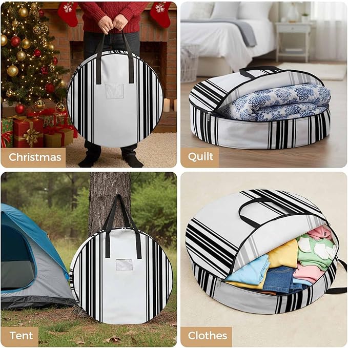 Storage Bag Black Stripes Round Storage Totes Bins Closet Organizers with Zippers & Handle Simple Style Clothes Storage Container for Bedroom Dorm Space Saving Packing Supplies Moving Bags