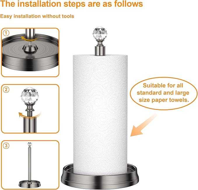 KASUNTO Paper Towel Holder with Crystal Ball - Steel Countertop Stand, Fits Standard & Jumbo Rolls, Brushed Nickel