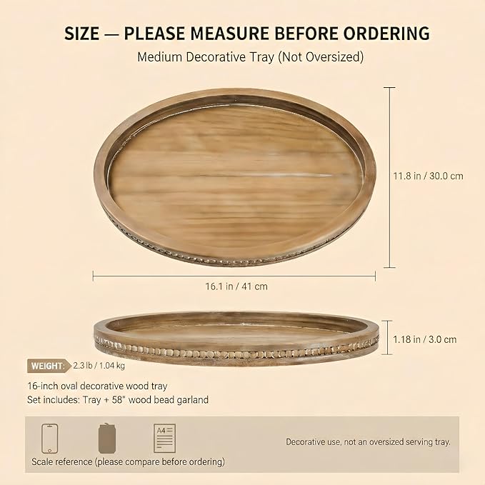 16" x 11.8" Oval Wood Decorative Tray with 58" Bead Garland, Farmhouse Coffee Table & Kitchen Island Décor, Rustic Brown Entryway Console Tray for Styling, Candles & Small Items