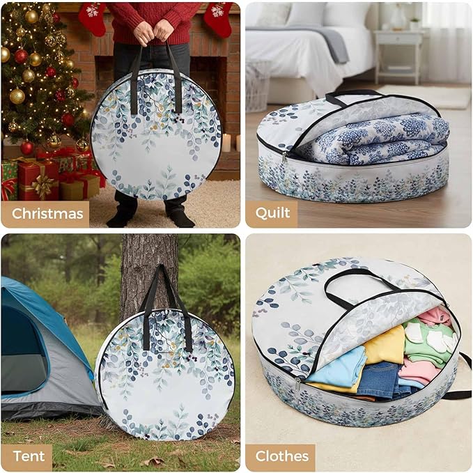 Storage Bag Blue Eucalyptus Leaves Round Storage Totes Bins Closet Organizers with Zippers & Handle Berry Branch Nature Plant Clothes Storage Container for Bedroom Dorm Space Saving Packing Supplies
