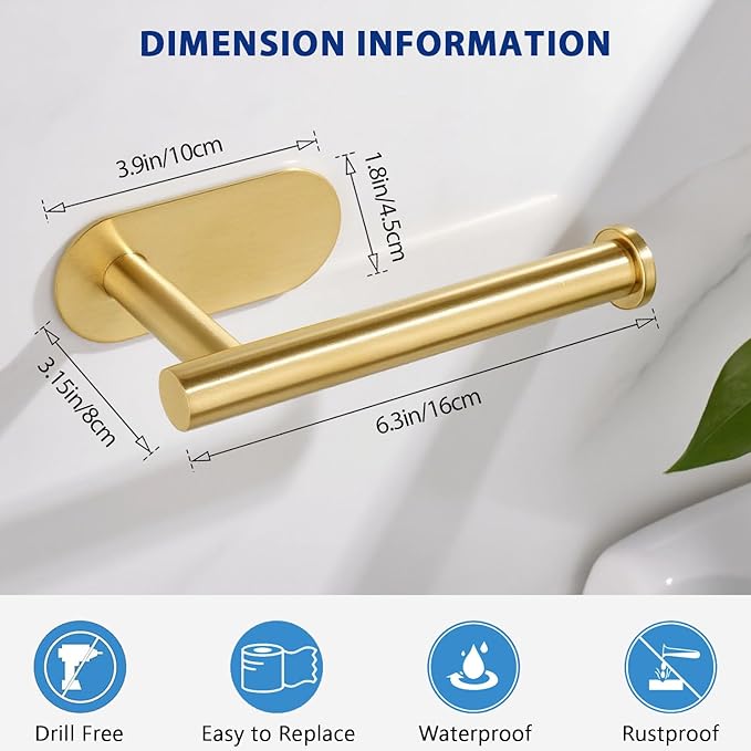 Toilet Paper Holder, Self Adhesive Toilet Paper Roll Holder No Drilling Wall Mount for Kitchen, Bathroom, Toilet, Brushed Gold Stainless Steel