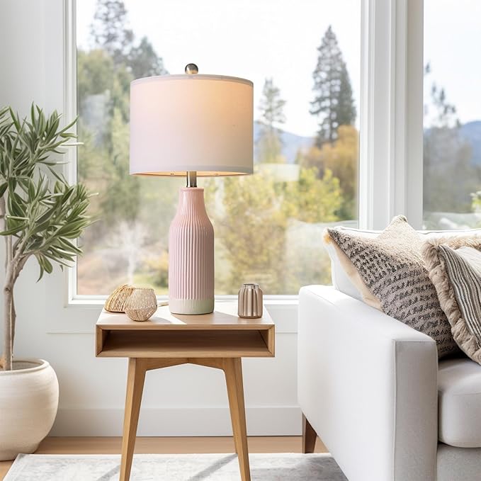 USumkky 23.75inch Pink Modern Ceramic Bedside Lamp Set of 2 with 5FT Cord for Bedroom Decor Farmhouse Table Lamp for Living Room Office Dorm