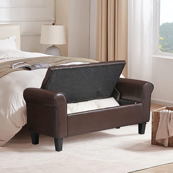ECOTOUGE Brown Ottoman with Storage for Living Room, Leather Upholstered Bench Footrest, Rolled Arm Foot Stool for Bedroom, Brown