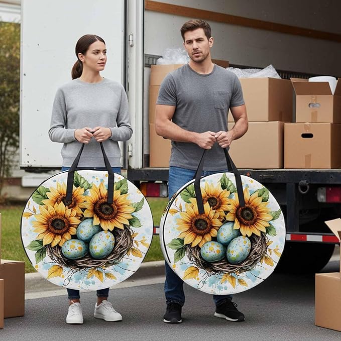Easter Eggs Nest Round Storage Bag 30 Inch, Watercolor Green Egg Spring Sunflowers Floral Leaf Clothes Storage Container with Handles Heavy Duty Organizer for Comforter, Bedding & Holiday Wreaths