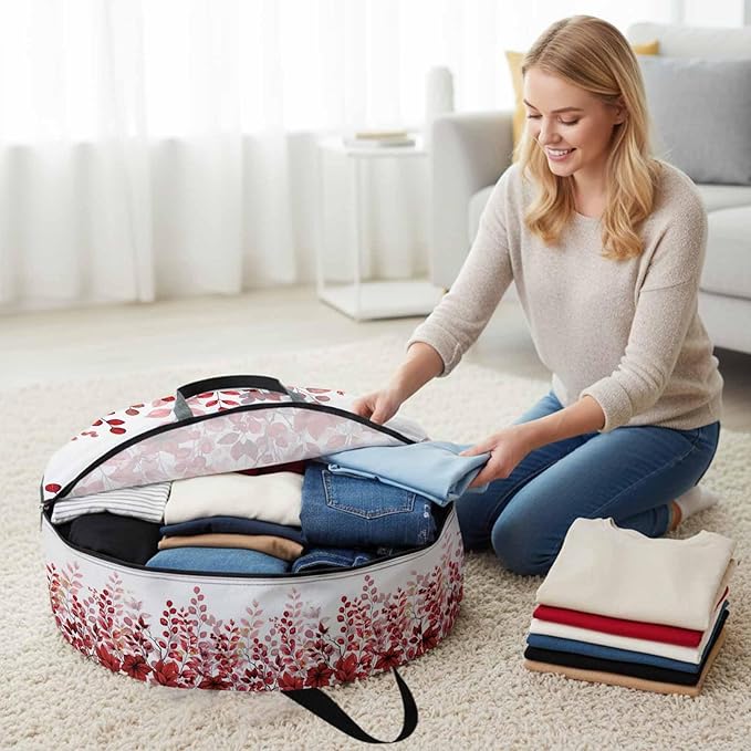 Storage Bag Red Eucalyptus Leaves Round Storage Totes Bins Closet Organizers with Zippers & Handle Berry Branch Nature Plant Clothes Storage Container for Bedroom Dorm Space Saving Packing Supplies